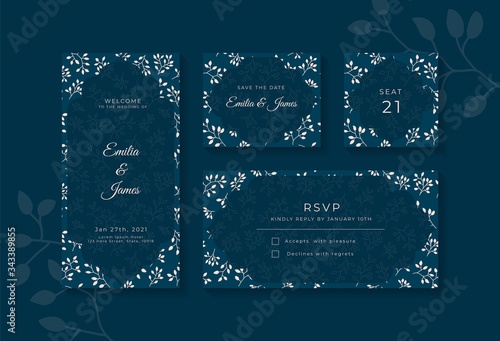Set of Elegant Blue Wedding Invitation Card Design Template