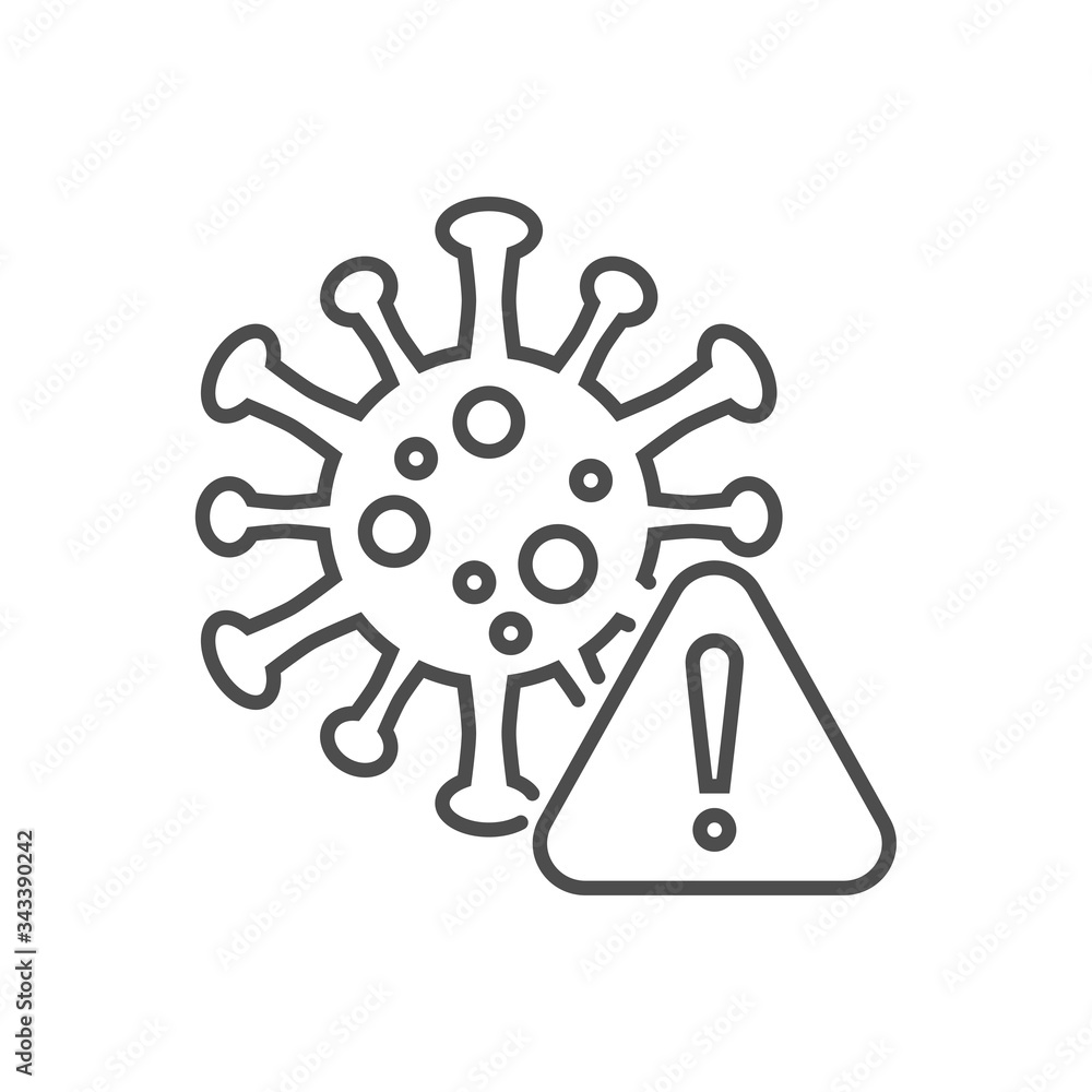 Corona virus danger related vector thin line icon. Coronavirus with warning triangle sign and exclamation mark on it. Isolated on white background. Editable stroke. Vector illustration. Corona virus danger related vector thin line icon. Coronavirus with warning triangle sign and exclamation mark on it. Isolated on white background. Editable stroke. Vector illustration.