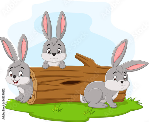 Three rabbit cartoon playing in the log