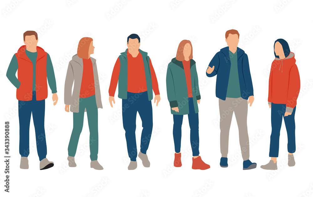 Set of men and women, different colors, cartoon character, group of silhouettes standing business people, flat icon design concept isolated on white background Set of men and women, different colors, cartoon character, group of silhouettes standing business people, flat icon design concept isolated on white background