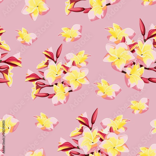 Tropical floral background with plumeria flowers. Hand drawn botanical illustration for tropical party design. Pink colors.
