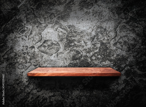 Wooden shelf on concrete wall texture background with clipping path. Blank for design