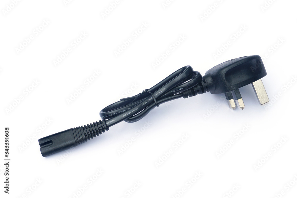 Electric power plug isolated on white background, usb cable, black cable on white background Electric power plug isolated on white background, usb cable, black cable on white background