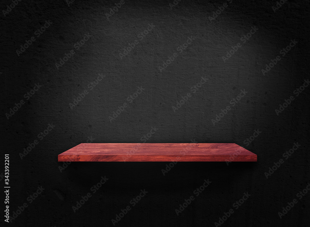 Blank of old wooden shelf on dark wall texture background with clipping path for design Blank of old wooden shelf on dark wall texture background with clipping path for design