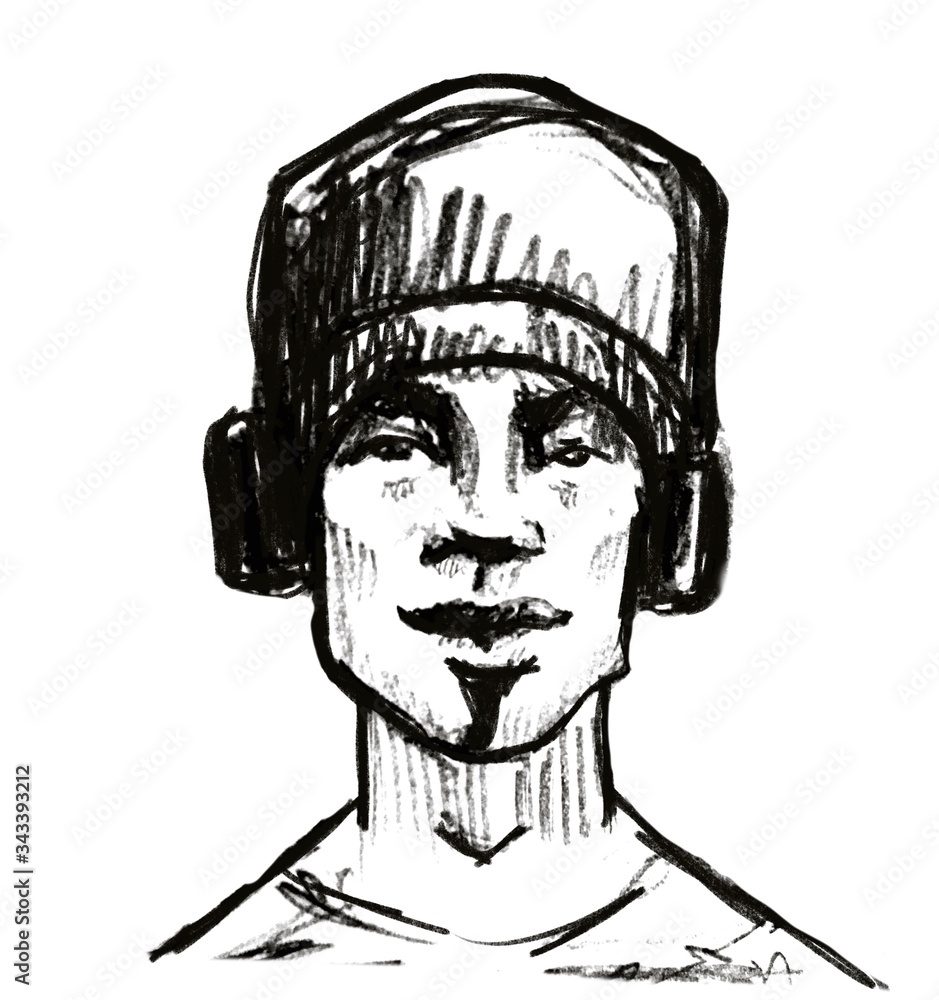 sketch portrait of young cute man listening to music with headphones