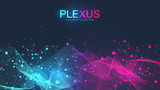 Abstract scientific background with dynamic particles, wave flow. Plexus stream background. 3D data visualization with fractal elements. Cyberpunk style. Digital vector illustration