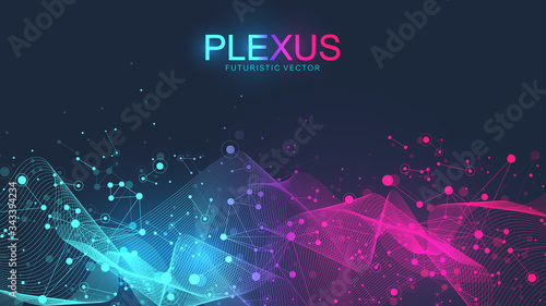 Abstract scientific background with dynamic particles, wave flow. Plexus stream background. 3D data visualization with fractal elements. Cyberpunk style. Digital vector illustration