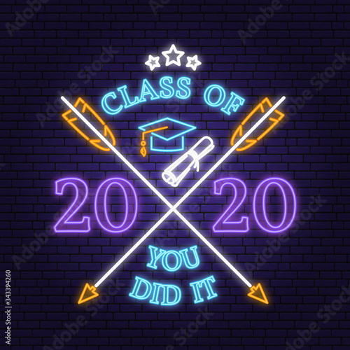 Vector Class of 2020 neon bright signboard, light banner. Vector. Neon typography design with graduation cap, text Class of. Template for the graduation party poster, flyer, lighting banner