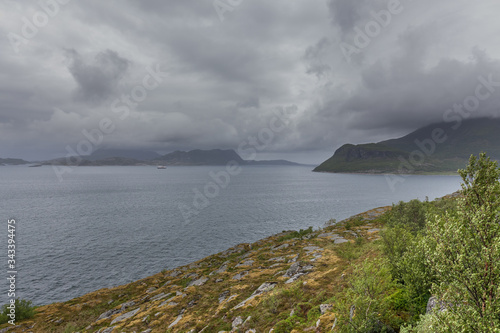 End of fjord. Beautiful Norwegian landscape. view of the fjords. Norway ideal fjord reflection in clear water In cloudy weather. selective focus