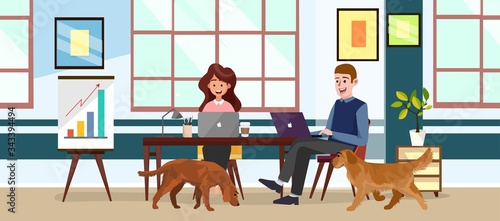 Man and Woman Work Office With Dogs