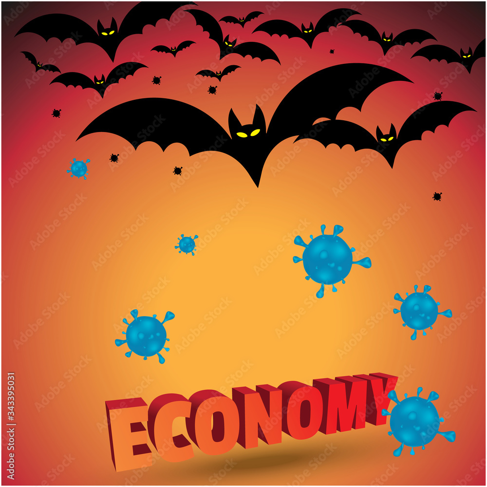 Graphic illustration of coronavirus cell outbreaks from the bats attacking the economy. Covid-19 virus as a dangerous and detected flu case. Suitable for health concept design, and news illustrations.