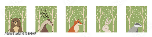 Set of posters with forest animals. Vector illustration.