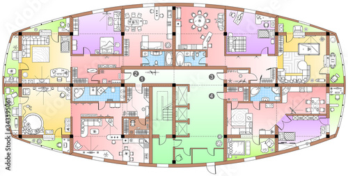Typical floor plan in top view. Standard set of furniture icons for apartment arrangement. Vector architectural plans. House planning, living room, kitchen, bathroom and bedroom view from above. 