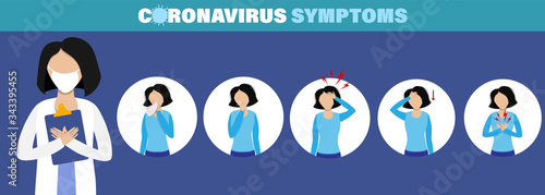 Coronavirus alert inforgaphic symptoms. Epidemic situation, covid-19 infection, fever and cough. Pandemia of world.