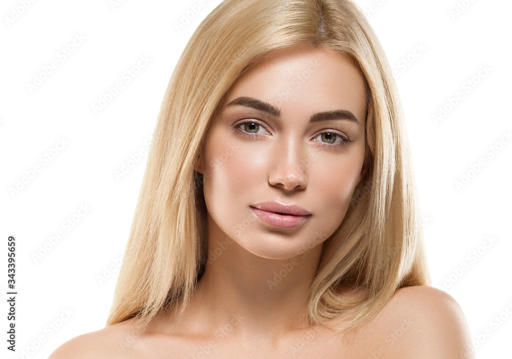 Blonde hair woman beautiful face natural smile make up Blonde hair woman beautiful face natural smile make up