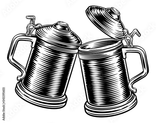 Two beer stein German Oktoberfest pint tankard mugs in a retro vintage intaglio woodcut engraved style
