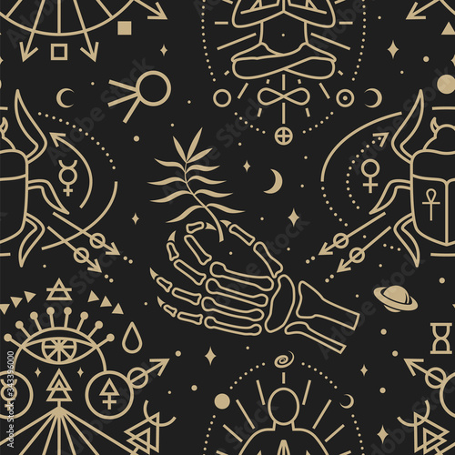 Gold esoteric seamless pattern, background. Vector. Thin line geometric pattern. Outline texture for alchemy or sacred geometry. Mystic and magic seamless pattern