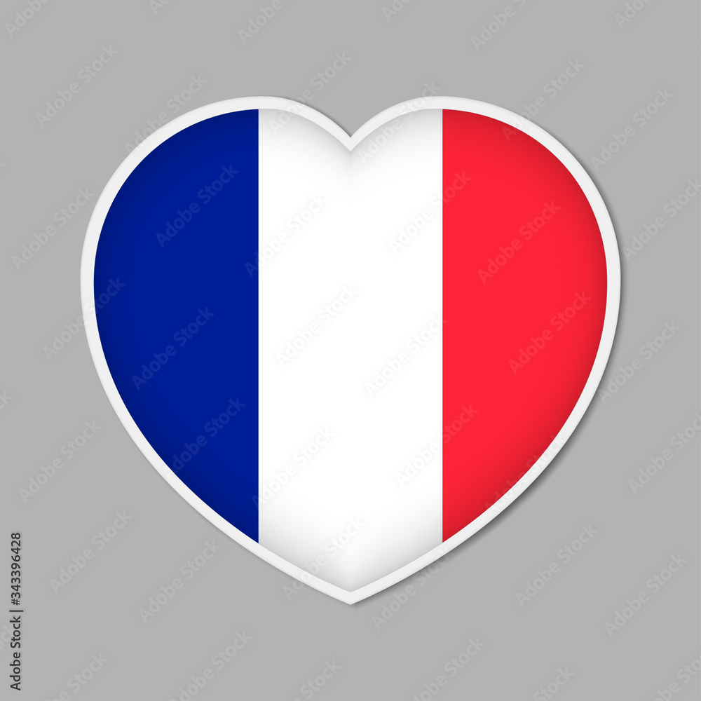 Heart shaped sign with French flag, vector illustration. France patriotic badge or sticker Heart shaped sign with French flag, vector illustration. France patriotic badge or sticker