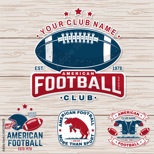 Set of american football or rugby club badge. Vector for shirt, logo, patch. Vintage design with american football sportsman player, helmet, ball, grass and shoulder pads silhouette