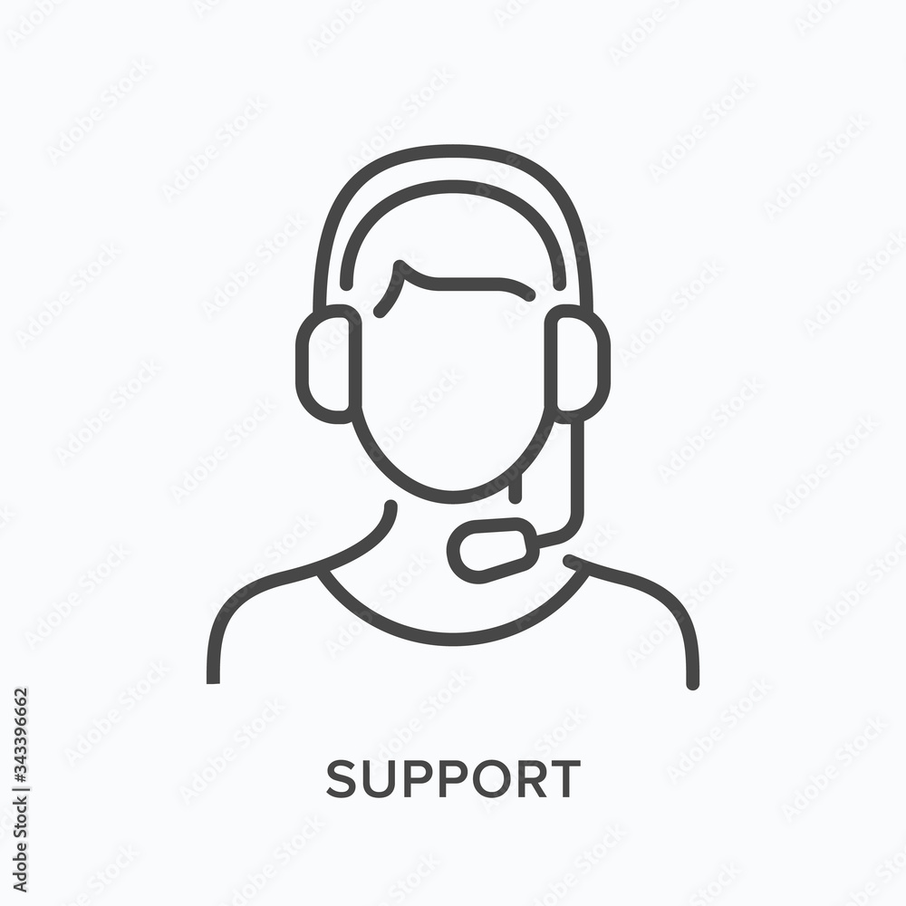 Support line icon. Vector outline illustration of customer assistant in headphones with microphone. Helpline operator in pictorgam Support line icon. Vector outline illustration of customer assistant in headphones with microphone. Helpline operator in pictorgam