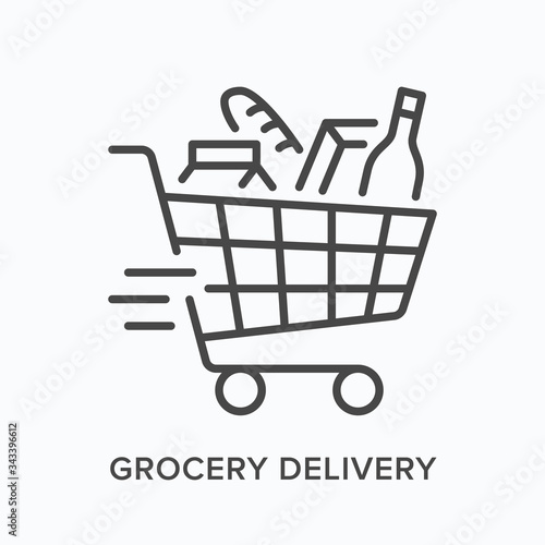 Grocery delivery line icon. Vector outline illustration of store shopping cart. Supermarket equipment pictorgam