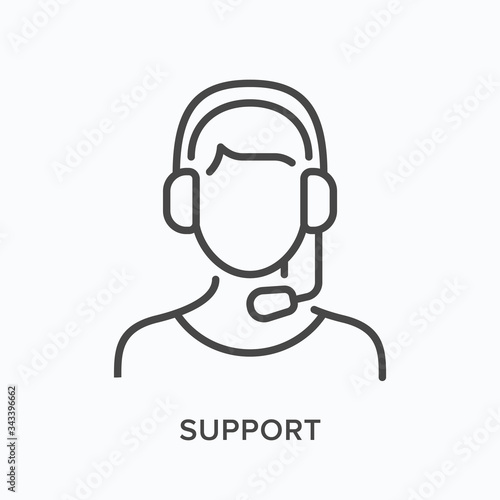 Support line icon. Vector outline illustration of customer assistant in headphones with microphone. Helpline operator in pictorgam
