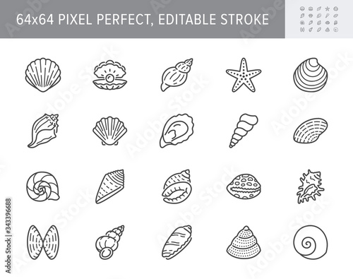 Seashell, oyster, scallop line icons. Vector illustration included icon as nautilus, spiral shell, starfish outline pictogram for beach mollusk infographic. 64x64 Pixel Perfect Editable Stroke
