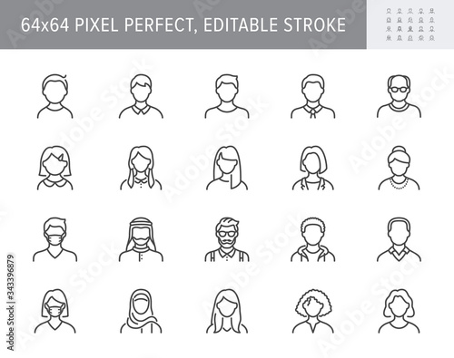 People avatar line icons. Vector illustration included icon as man, female, muslim, senior, adult and young human outline pictogram for user profile. 64x64 Pixel Perfect Editable Stroke photo