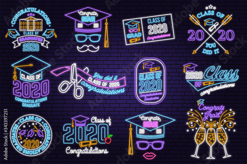 Set of Vector Class of 2020 neon bright signboard, light banner Neon typography design with graduation cap, diploma, mustache. Graduation design with hut and text Class of.