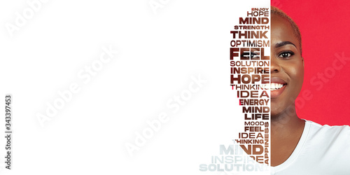 Portrait of happy and inspired woman with lettering hope, idea, solution, mind, flyer with copyspace for advertising. Mixed background, art collage and modern design. Inspiration, development concept.