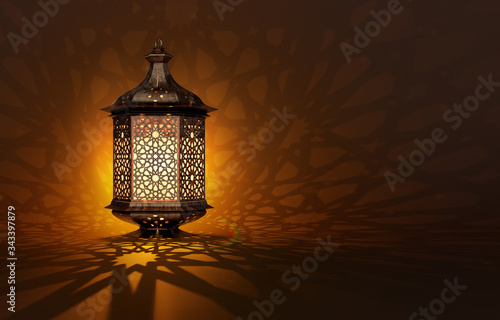 Ramadan Kareem islamic background 3D design: traditional glowing ornate lantern, arabic pattern bokeh shadows. Festive Muslim Ramadan Mubarak greeting card, invitation, banner template illustration