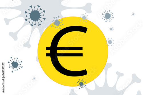 Vector illustration of economic crisis induced by coronavirus with euro symbol.