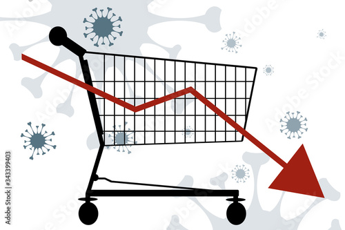 Vector illustration of economic crisis induced by coronavirus with shopping cart symbol.
