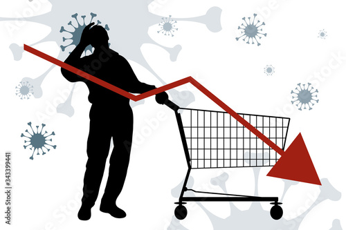 Vector illustration of economic crisis with sed man with empty shopping cart symbol.