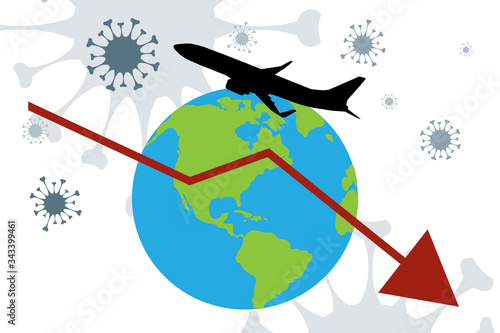 Vector illustration of travel crisis induced by coronavirus on globe symbol.