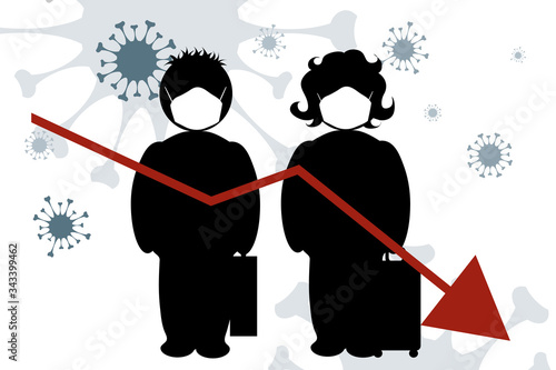 Vector illustration of travel crisis induced by coronavirus with couple of people.