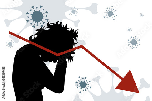 Vector illustration of economic crisis with sed woman and coronavirus symbol.