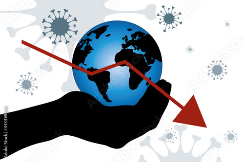 Vector illustration of economic crisis induced by coronavirus on globe symbol.