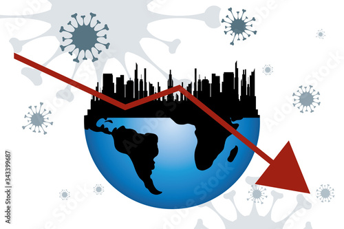 Vector illustration of economic crisis induced by coronavirus with city symbol.