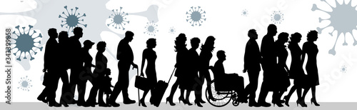 Vector illustration of group people with spreading virus sign in air. Symbol of disease and coronavirus.