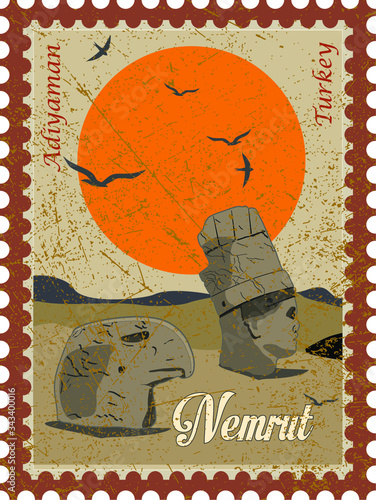 Vector illustration and silhouette drawing Adiyaman, Turkey - Vintage Nemrut Mountain Poster Design