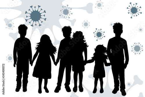 Vector silhouette of children on background with virus symbol. Illustration of healthy and diseases.
