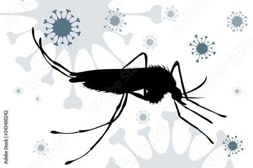 Vector silhouette of mosquito on background with virus symbol. Symbol of malaria nas zika diseases.
