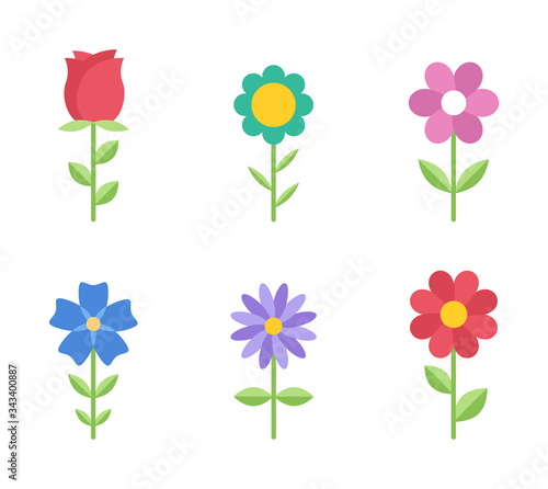 Flowers flat icons. Color vector illustration. Different flowers with green leaves vector illustration. Logo symbols for ui design and business promotion