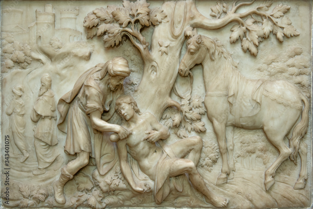 Stone facade fresco decoration scene from a building Stone facade fresco decoration scene from a building