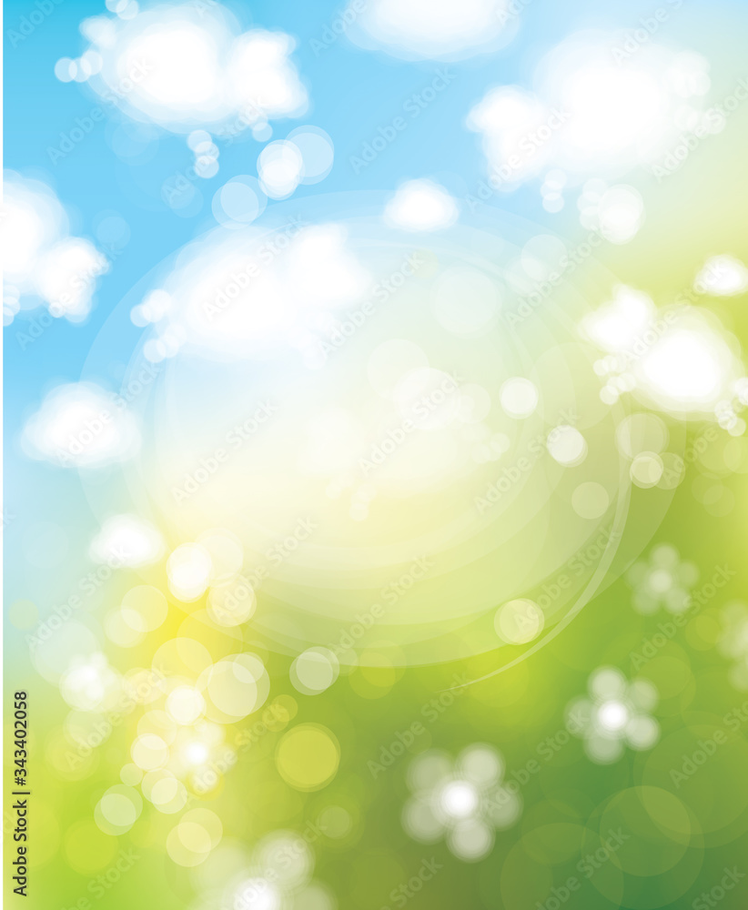 Vector  cute, abstract  background with sheeps clouds cartoons. Abstract, nature,  bokeh  background.
