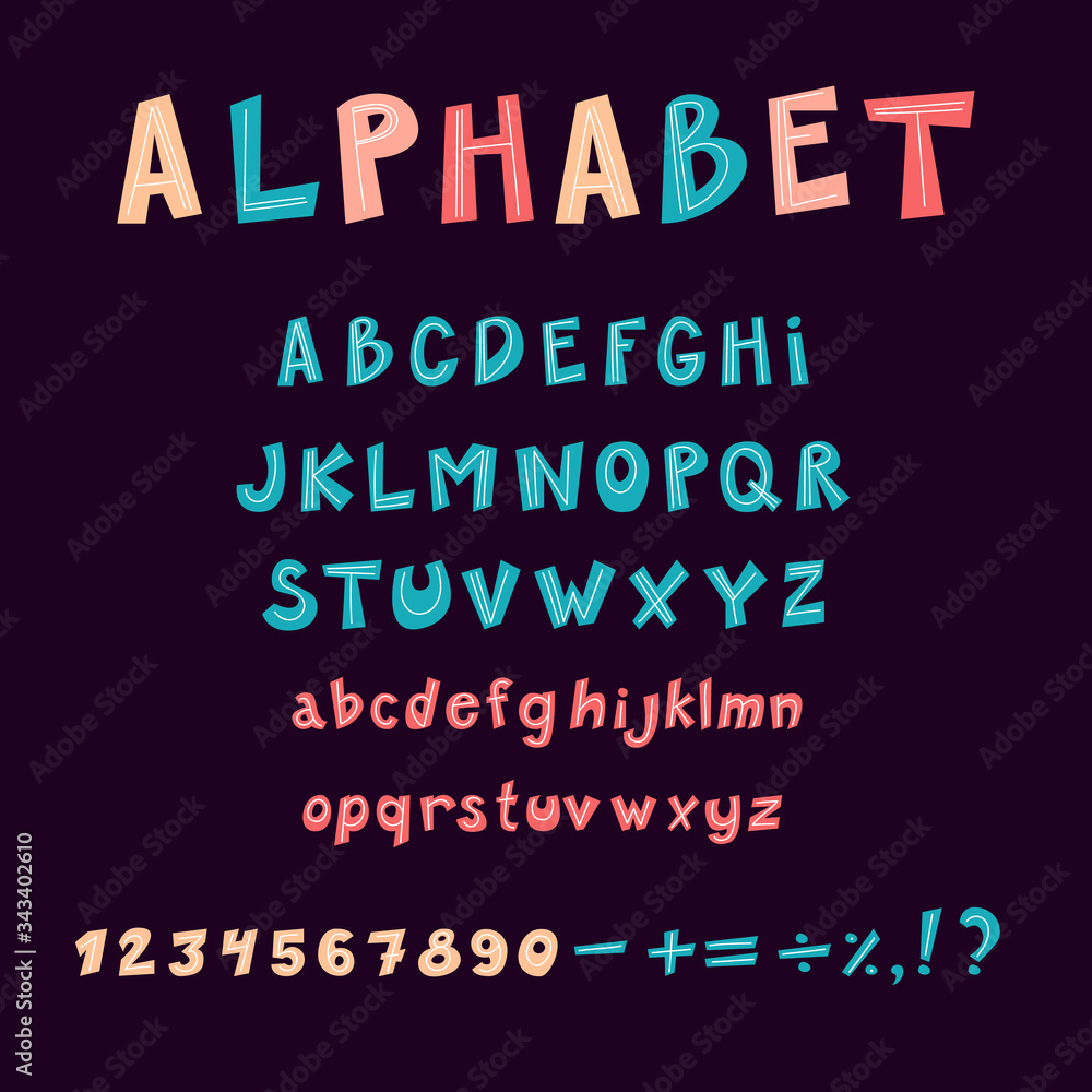 Flat cartoon alphabet. Funny childish letters. Vector