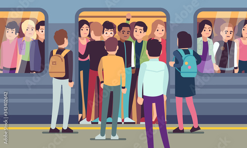 People go into subway train. Public urban transportation, metro platform, passengers trying to enter underground wagon vector concept