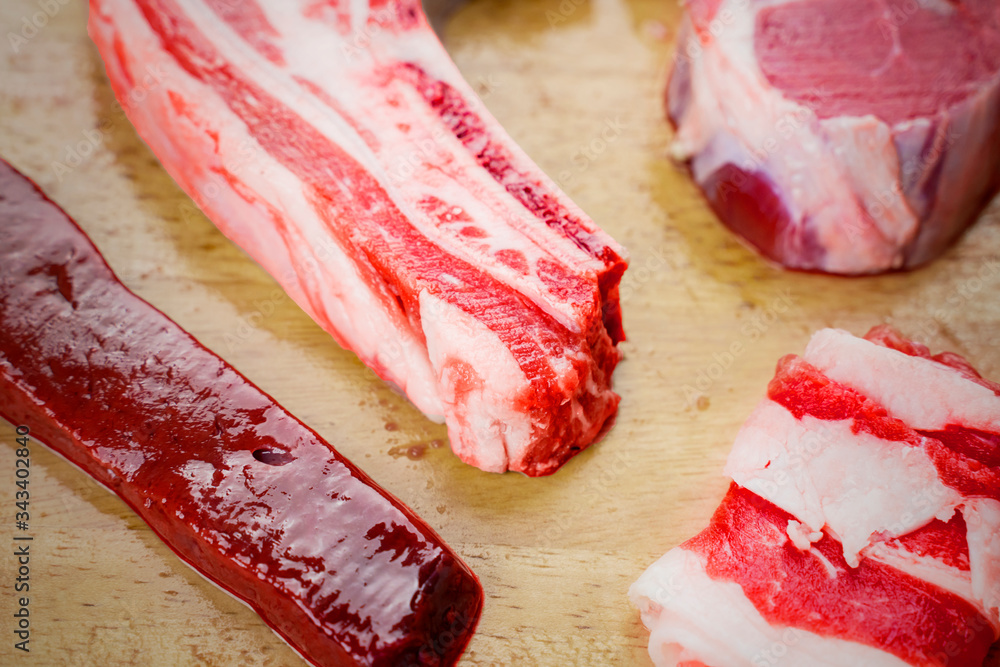 Closeup of various sliced fresh raw meat