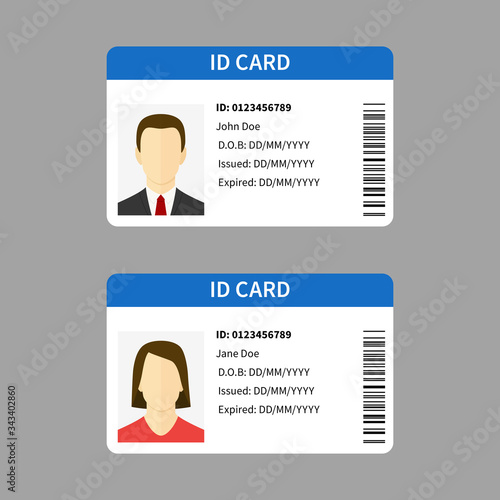 Plastic id cards. Personal registration form card, car driver license with male and female photo, document template isolated vector set